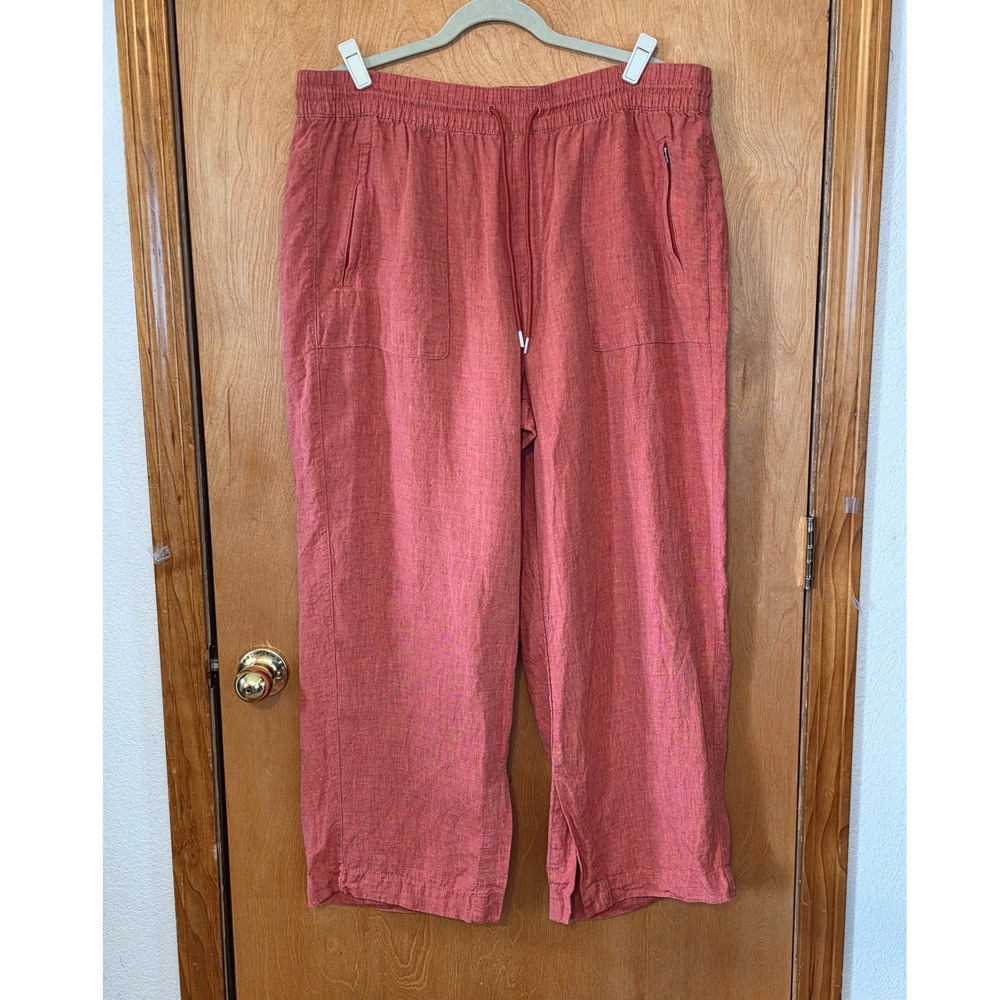 Athleta 100% Linen Wide Leg Drawstring Pants Terracotta Rust Casual Resort Sz 18